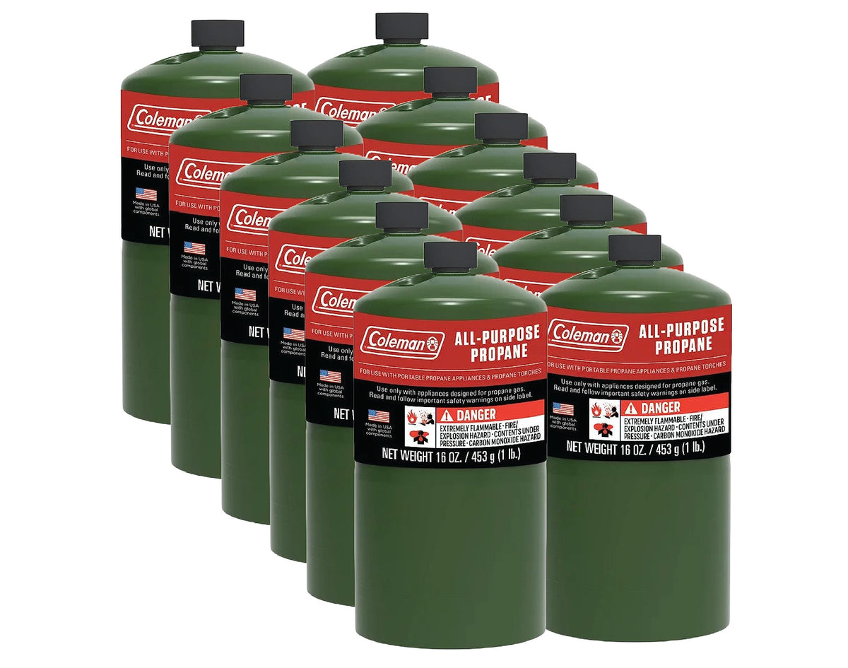 Boss Life Coleman propane cylinders 16 oz 12 pack camping-ready for meals.
