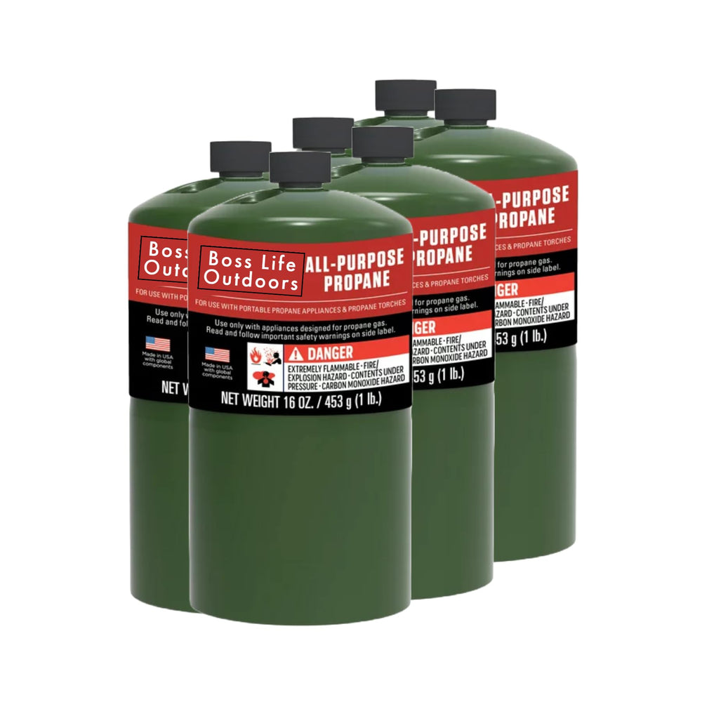 Boss Life Outdoors 16oz propane cylinders in a six-pack for outdoor cooking