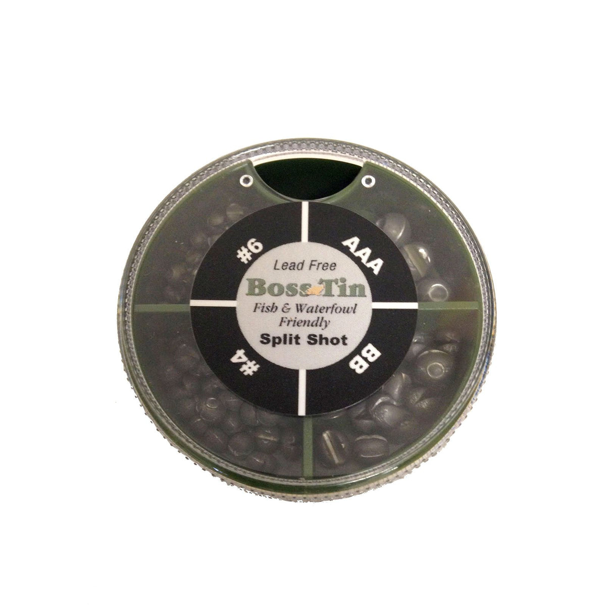 Boss Tin four-way round split shot weights designed for precise depth control in fly fishing