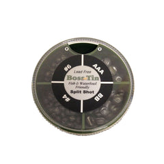 Boss Tin four-way round split shot weights designed for precise depth control in fly fishing