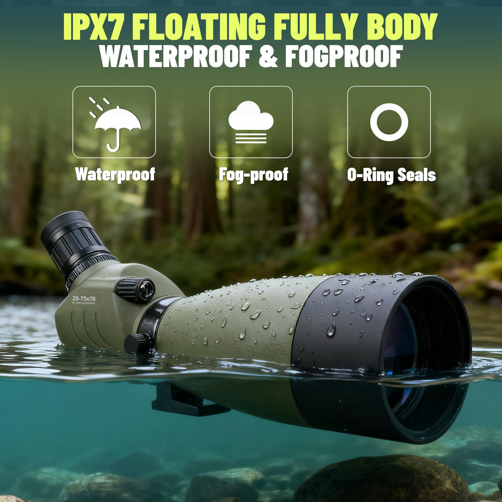 BOSTRON spotting scope fogproof and IPX7 waterproof for rugged outdoor use.