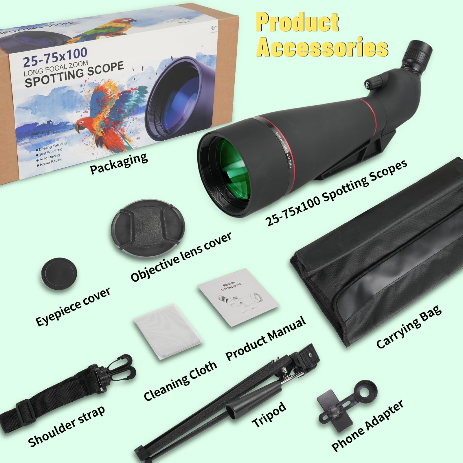 BOSTRON 25-75x100 versatility image hinting at birdwatching and moon viewing