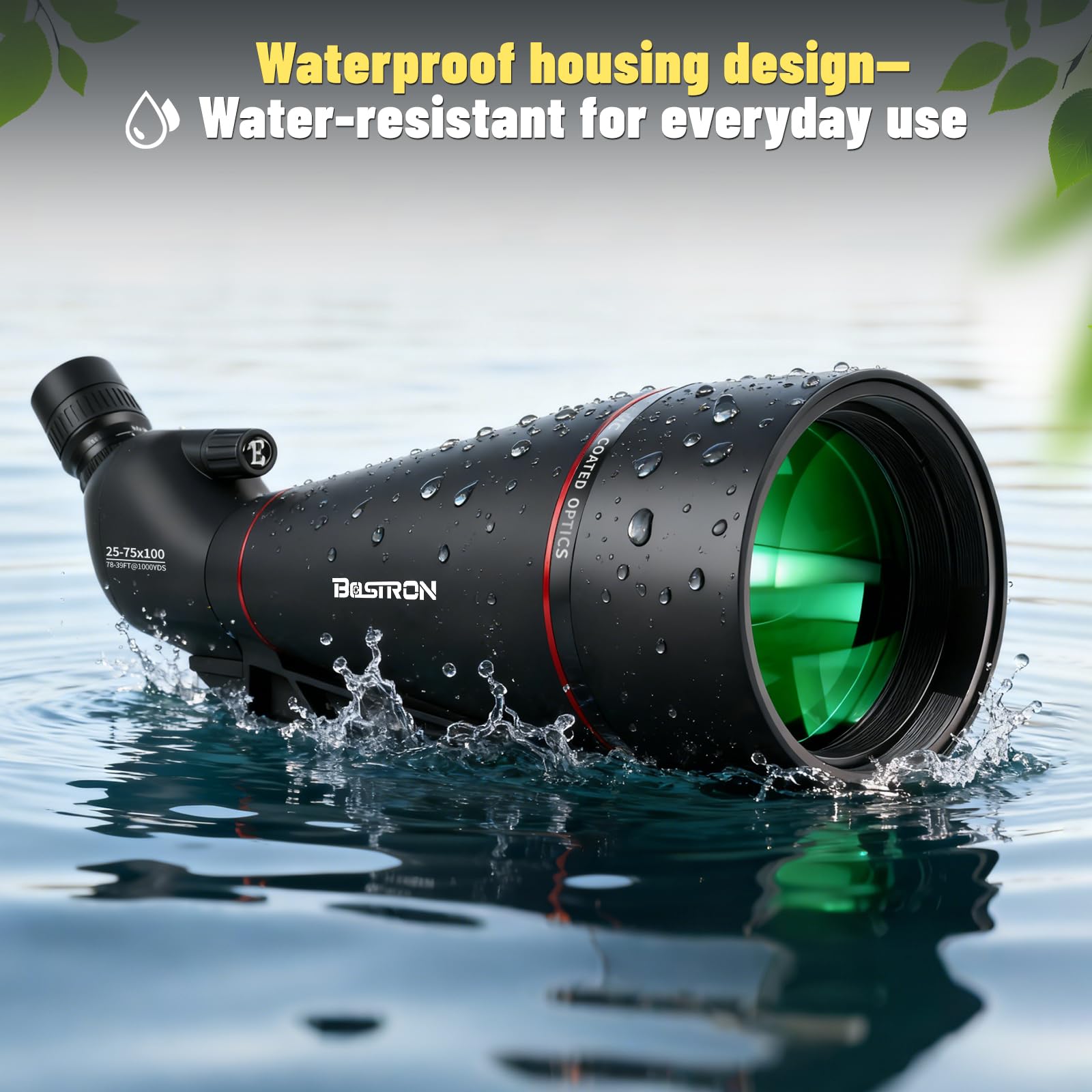 BOSTRON waterproof design image showing glare-reducing lens hood in rain