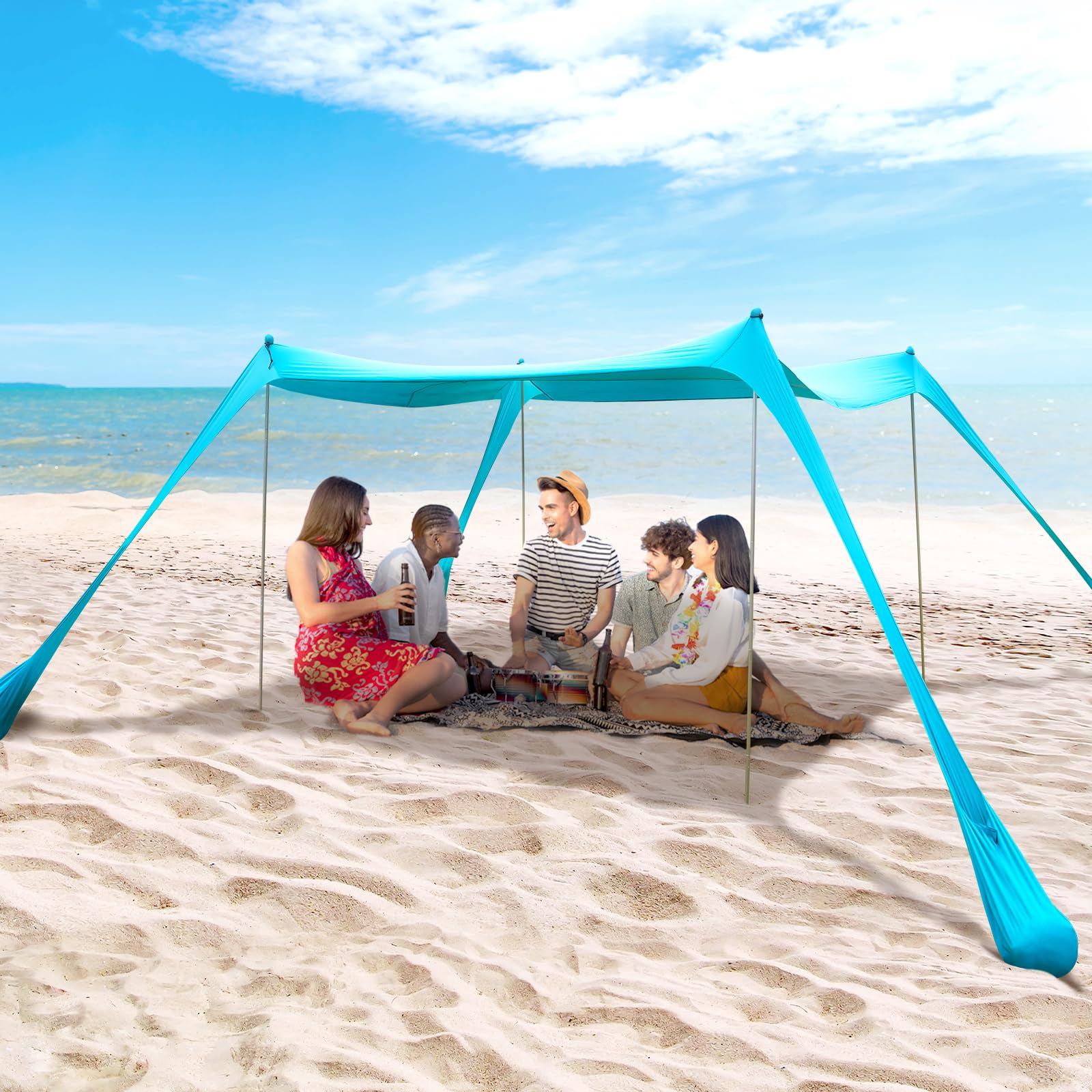 BOTINDO sun shelter wide coverage demonstrates tall stability poles, maximizing shaded area.