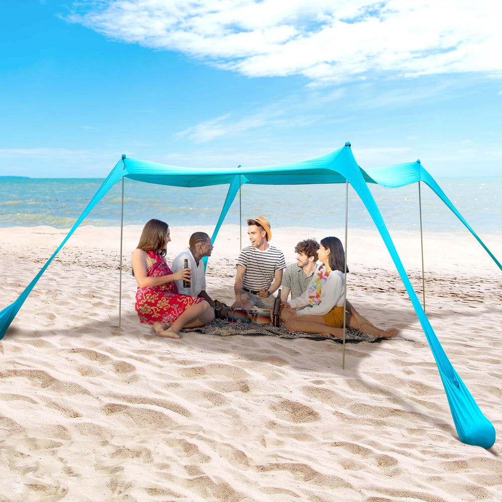 BOTINDO sun shelter wide coverage demonstrates tall stability poles, maximizing shaded area.
