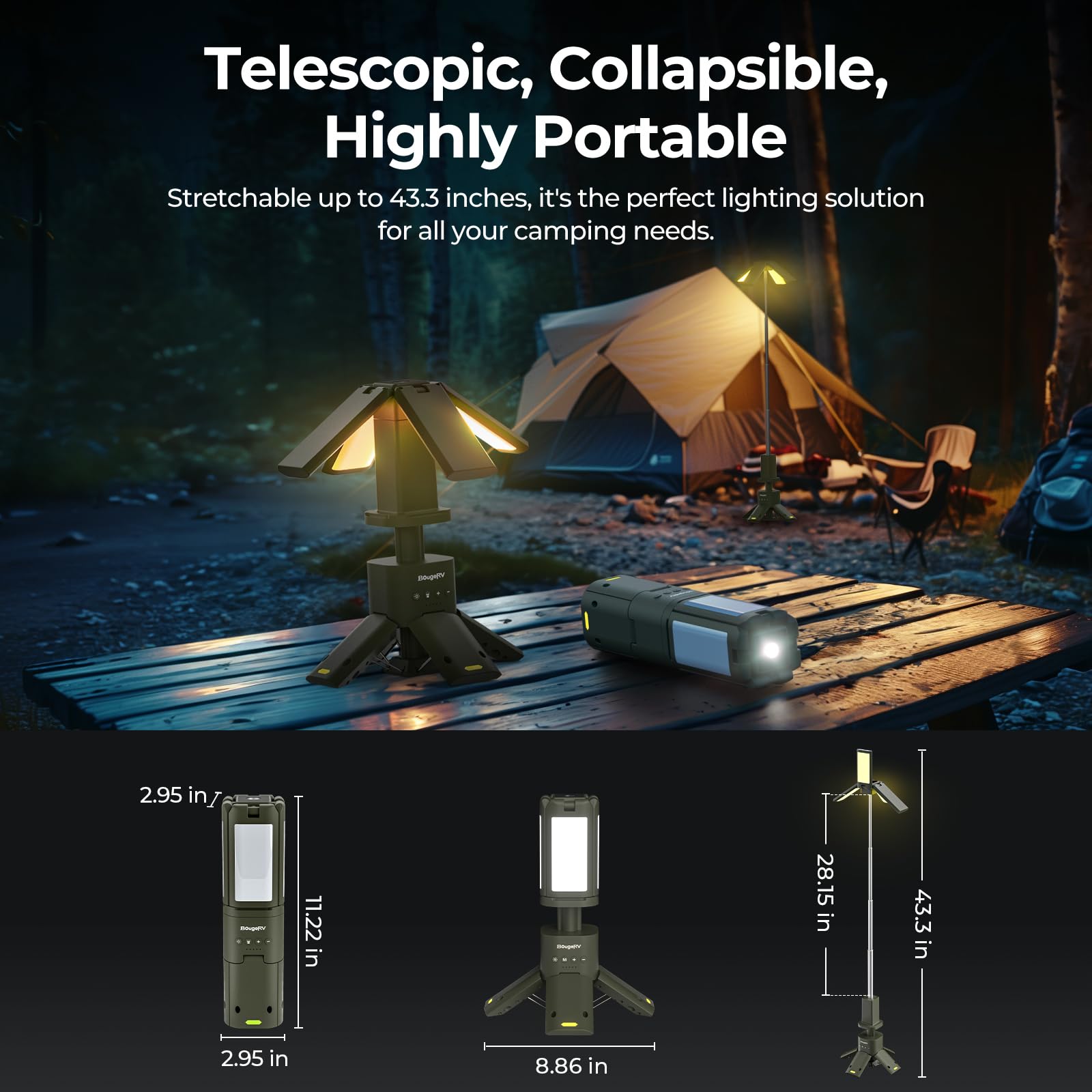 BougeRV camping light with four rotatable heads for wide-area illumination