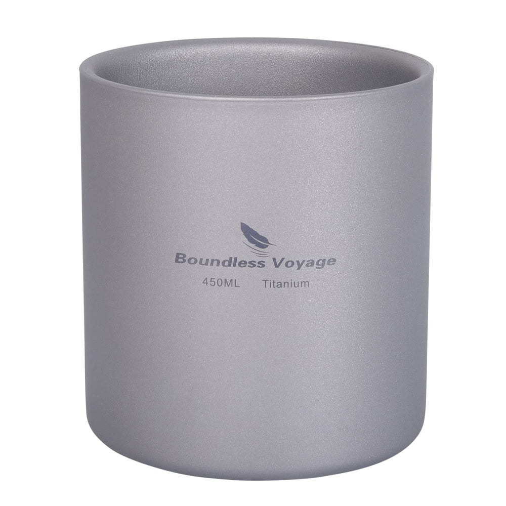 Boundless Voyage 3-in-1 titanium cup 450ml—nesting design for travel storage.