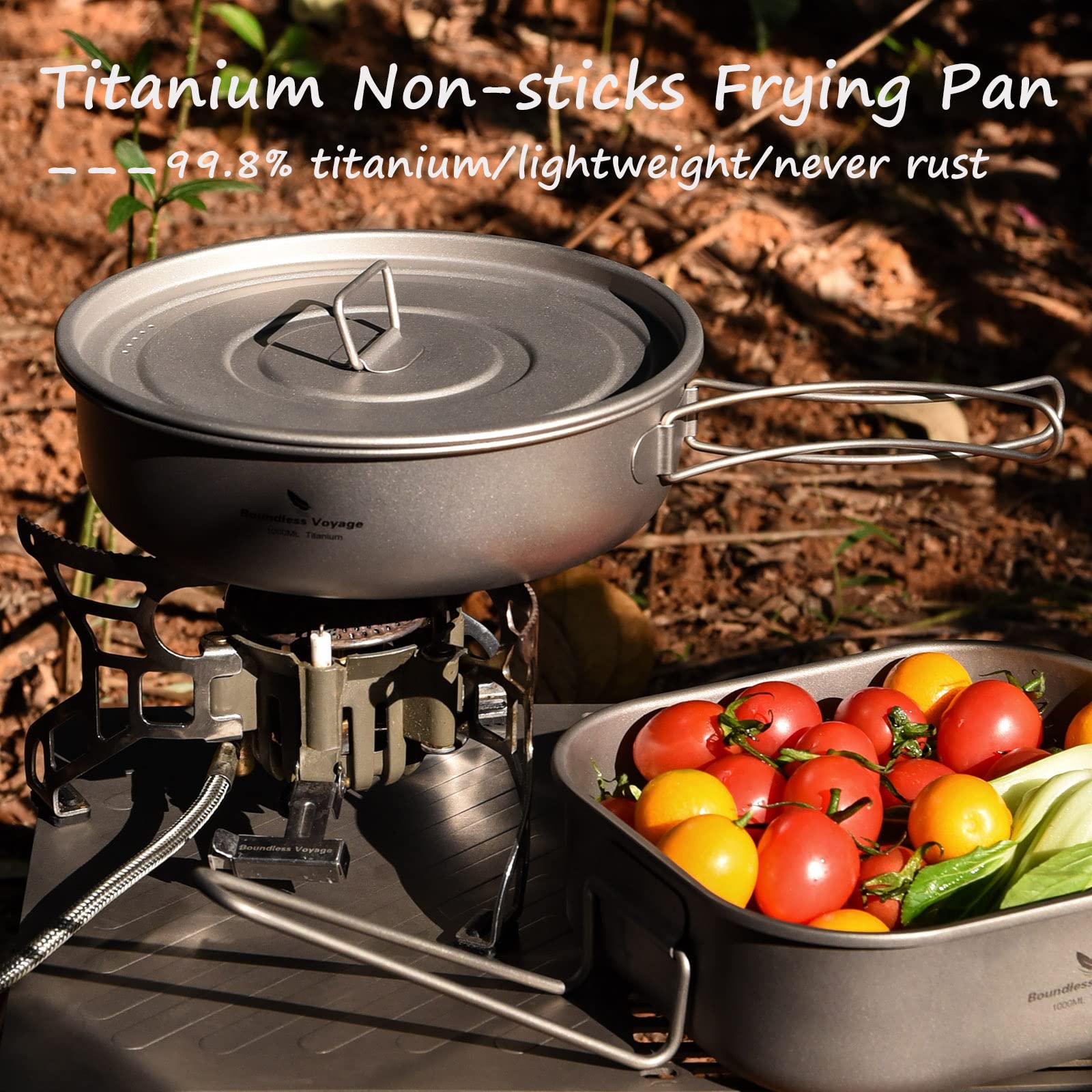 Boundless Voyage folding handle pan extended for compact packing during hikes.