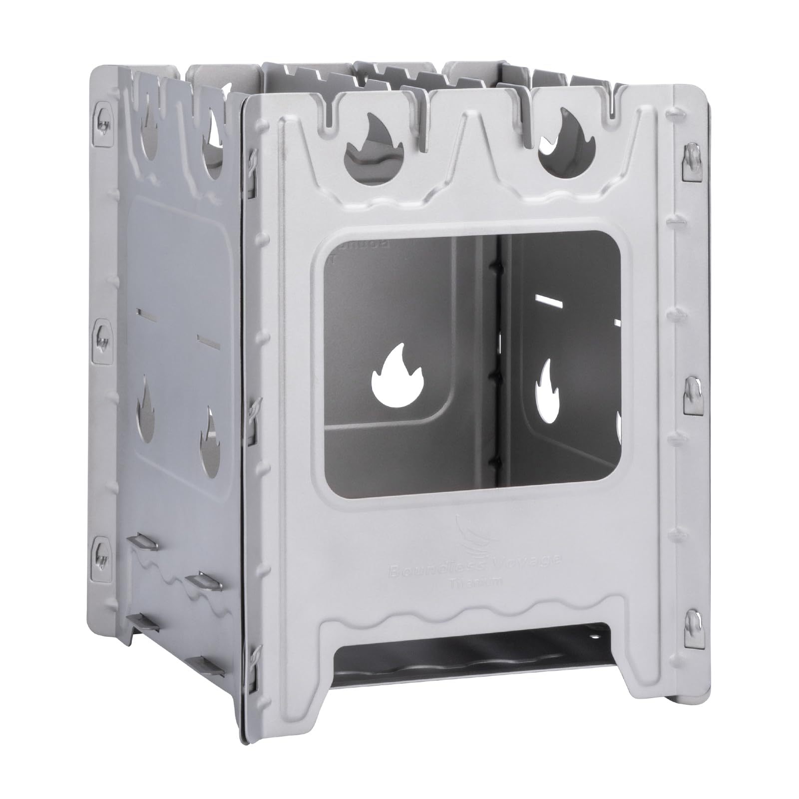 Boundless Voyage folding wood stove folded flat for ultra-compact backpacking.