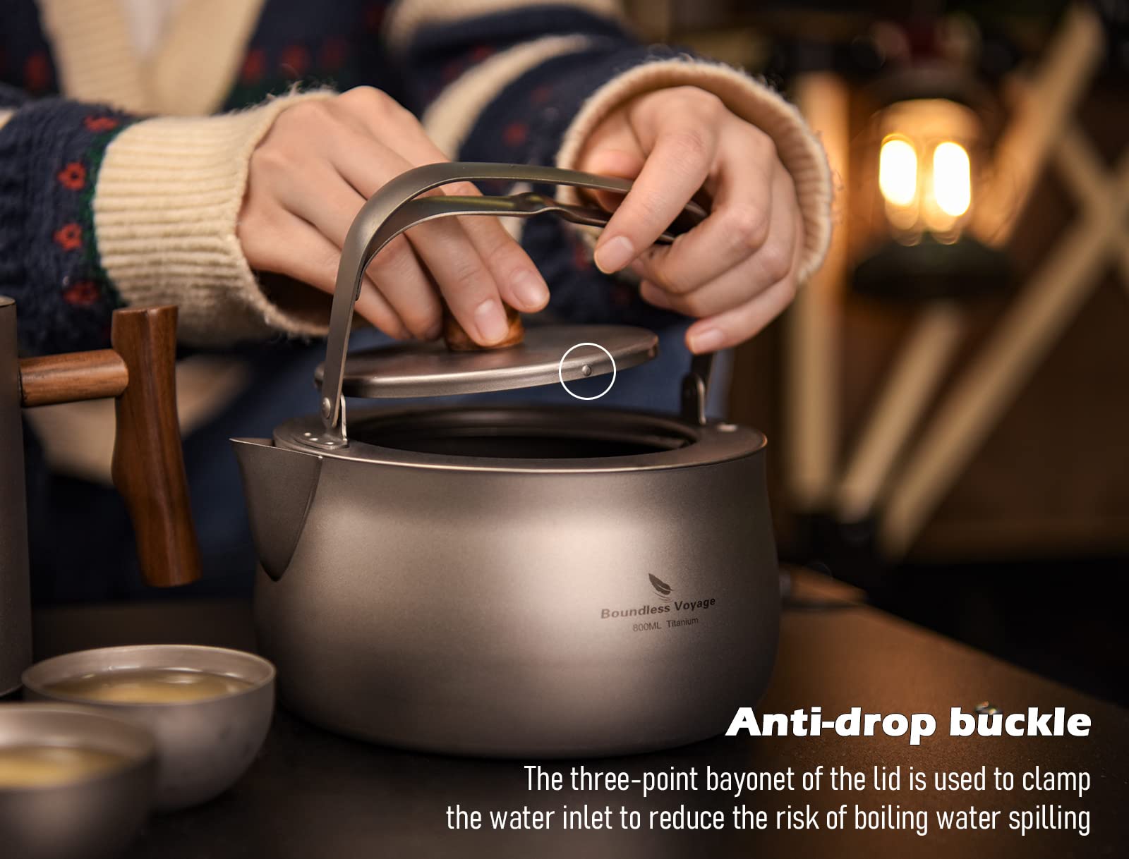 Boundless Voyage kettle in storage bag shows portability for travel and camping.