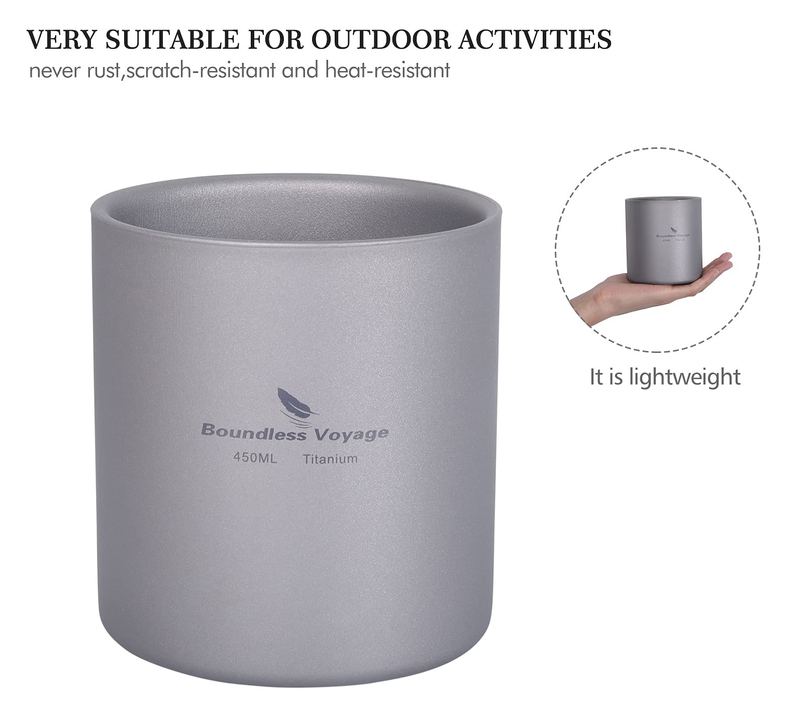 Boundless Voyage lightweight titanium cup—ideal for travel and outdoors.