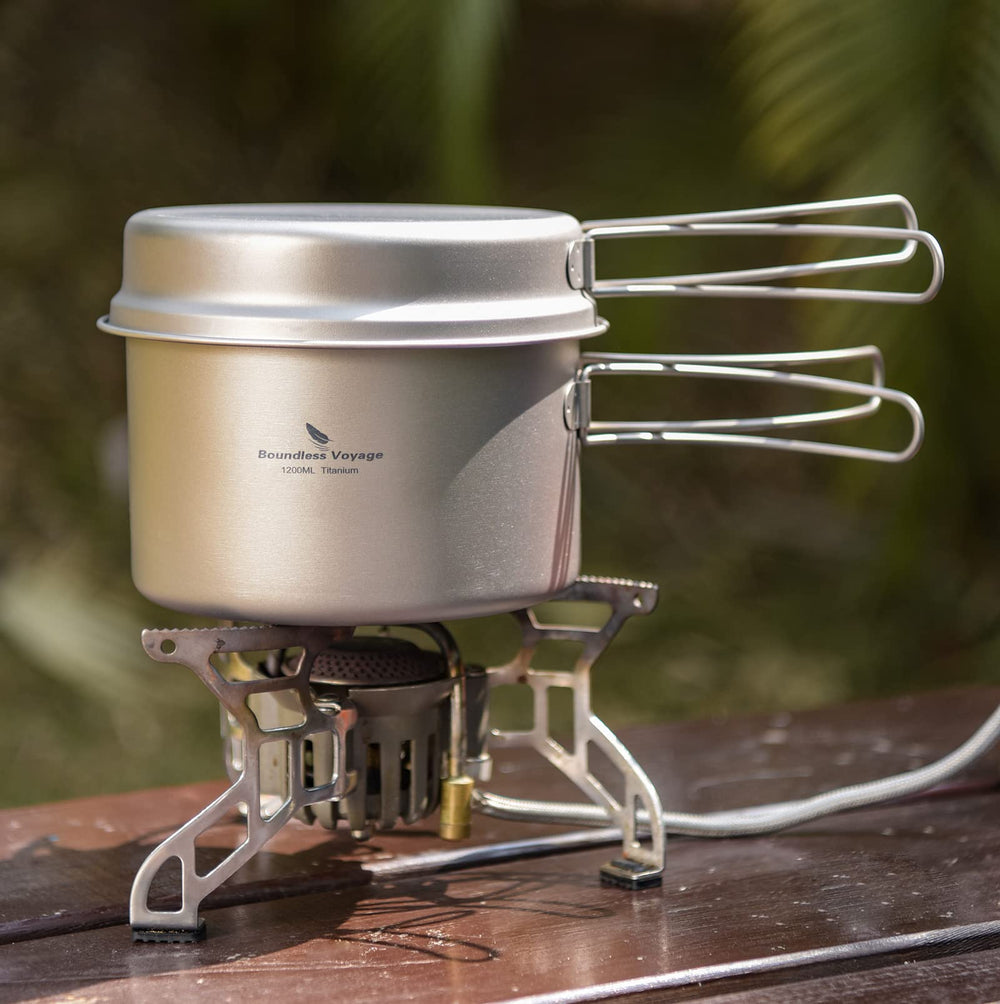 Boundless Voyage packable-backpacking kit with 1200ml pot and 500ml pan on trail.