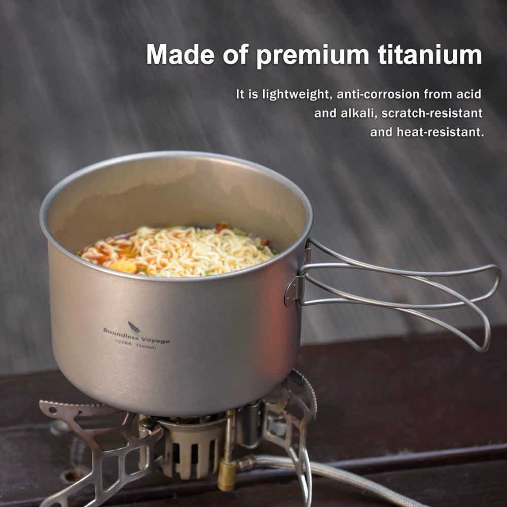 Boundless Voyage ultralight cookware shown in a backpack-ready setup for trekking and camping.