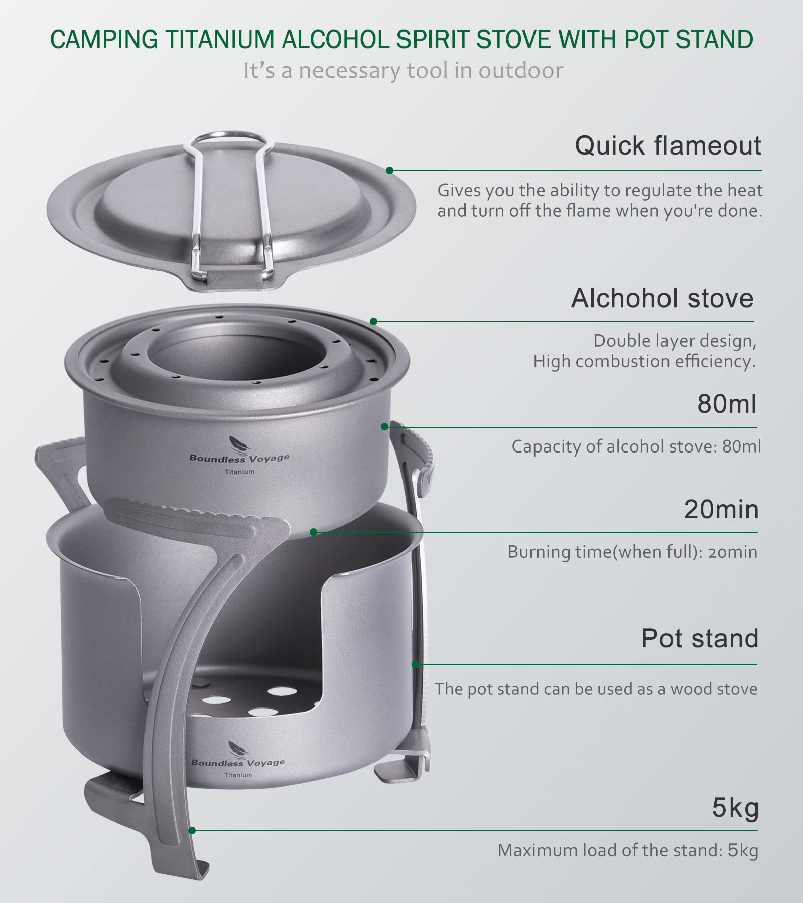 Boundless Voyage pot stand assembly demonstrates dual-use cooking and wood-burning capability.