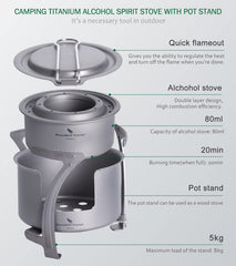 Boundless Voyage pot stand assembly demonstrates dual-use cooking and wood-burning capability.