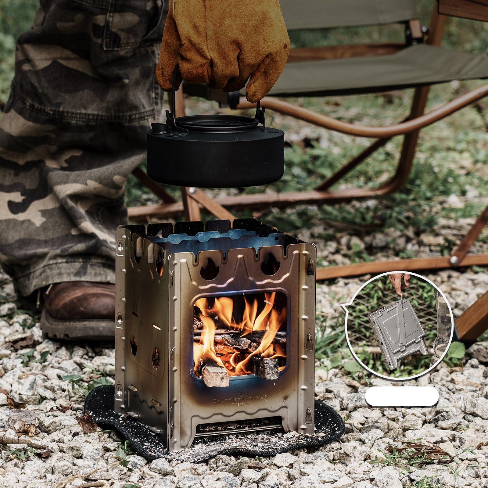 Boundless Voyage stove in use beside a kettle for camp meals.