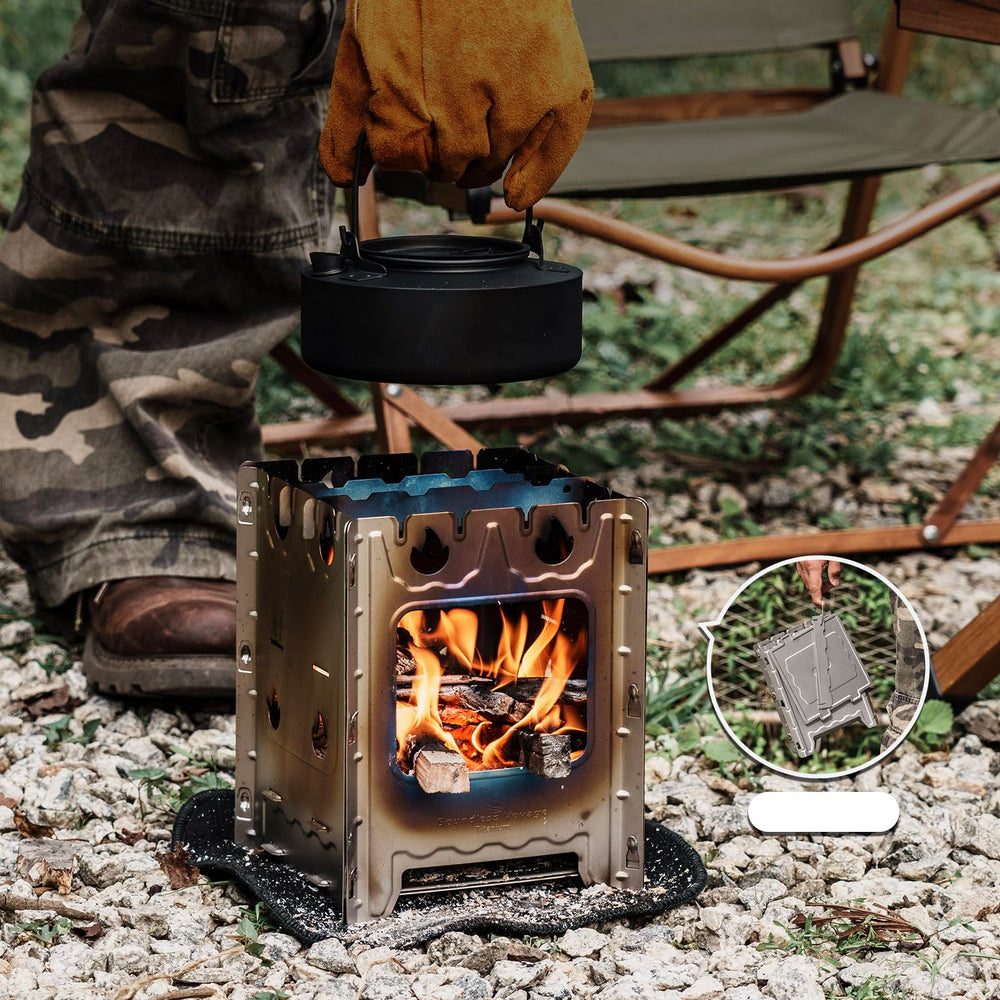 Boundless Voyage stove in use beside a kettle for camp meals.