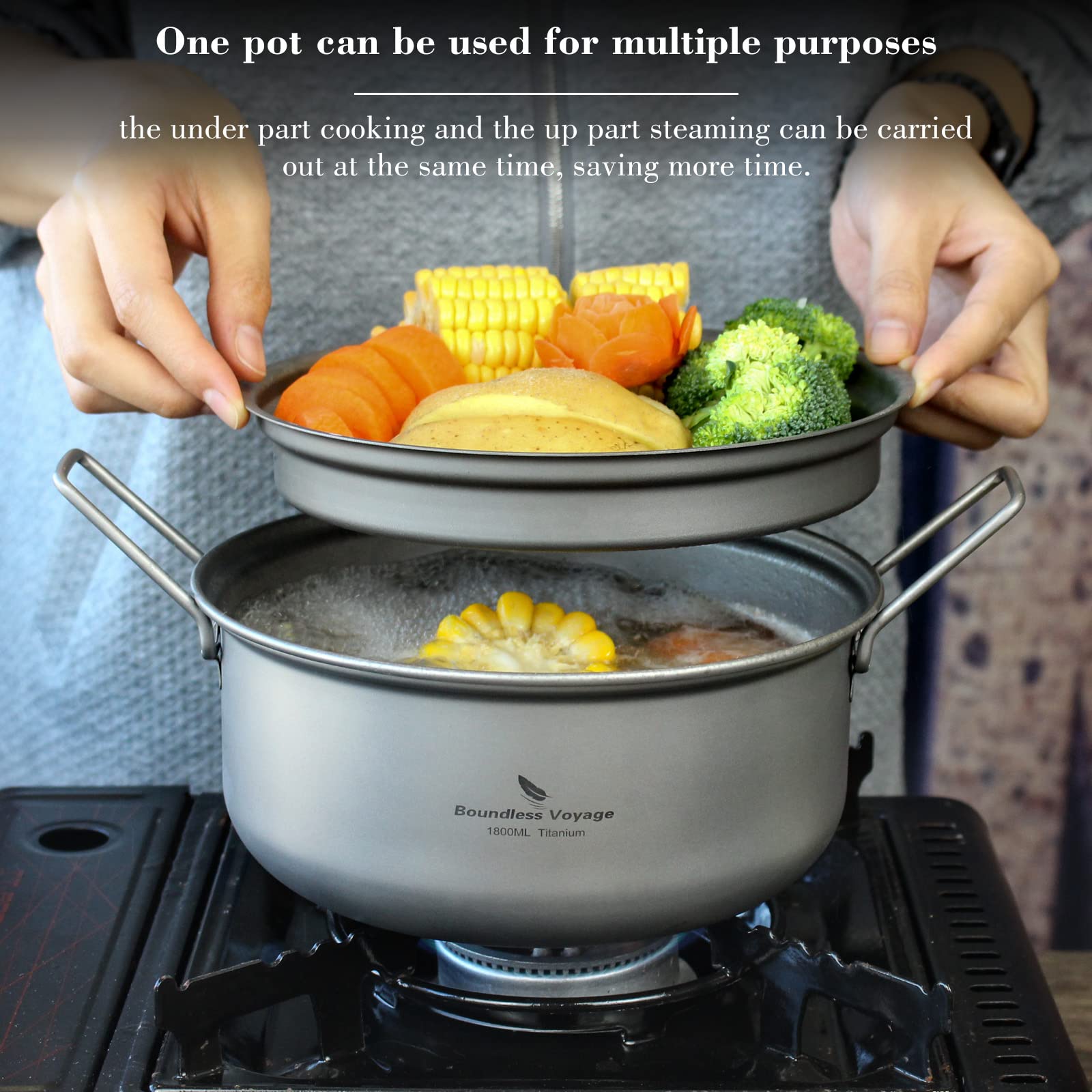 Boundless Voyage Ti2058C lid demonstrates dual-use as a serving dish outdoors.
