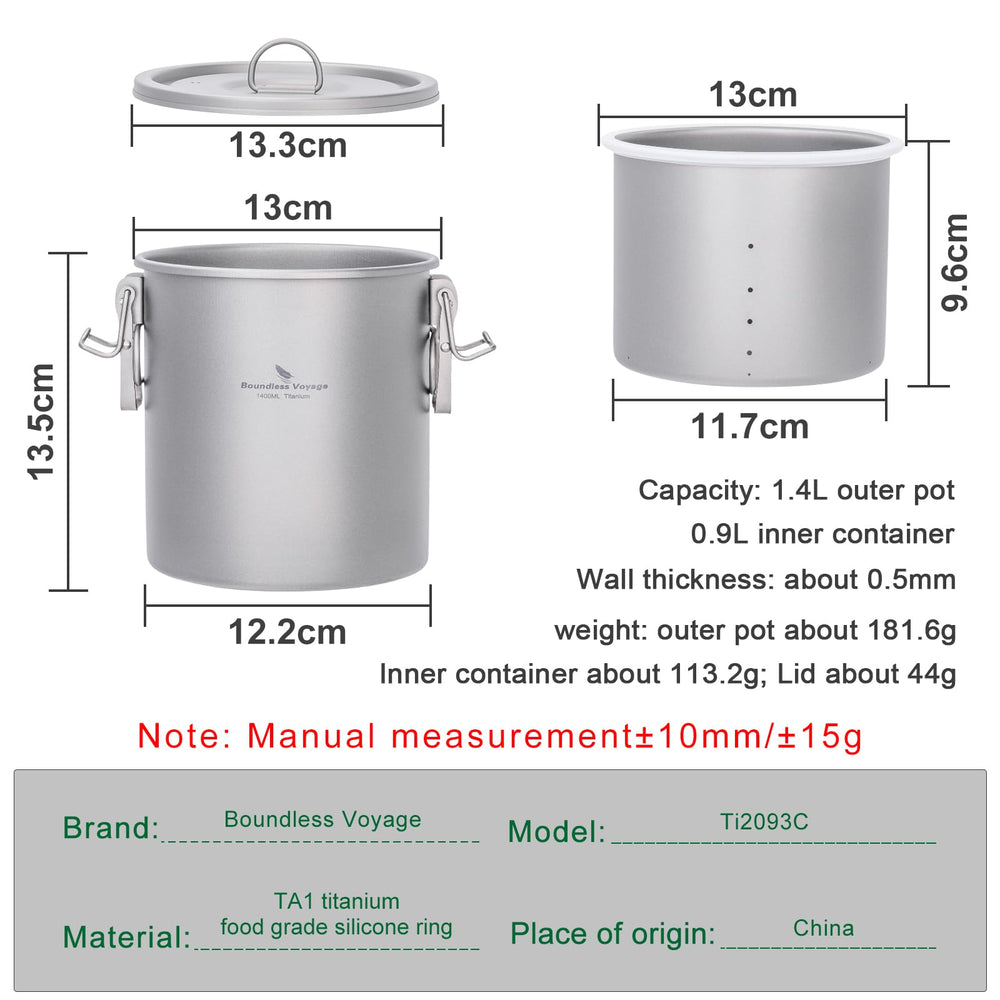 Boundless Voyage Ti2093 outer pot 1.4L, ideal for efficient outdoor boiling