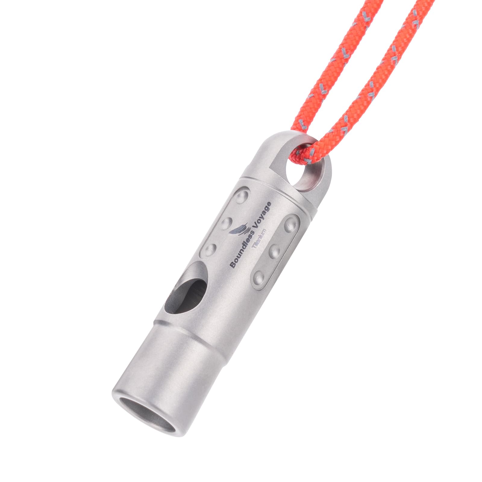 Boundless Voyage Ti9016 titanium whistle on a keychain, compact and ready for emergencies.