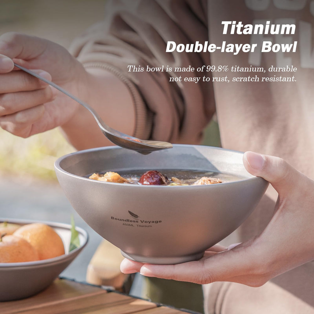 Boundless Voyage titanium bowl bottom stamping demonstrates non-slip stability on surfaces.