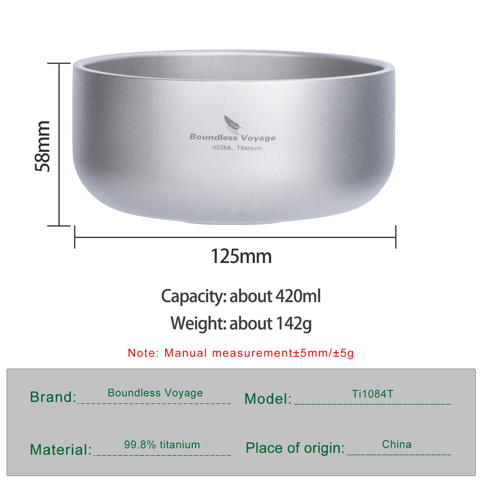 Boundless Voyage titanium bowl dimensions 125x58mm highlight travel-ready size.