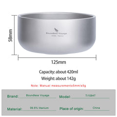 Boundless Voyage titanium bowl dimensions 125x58mm highlight travel-ready size.