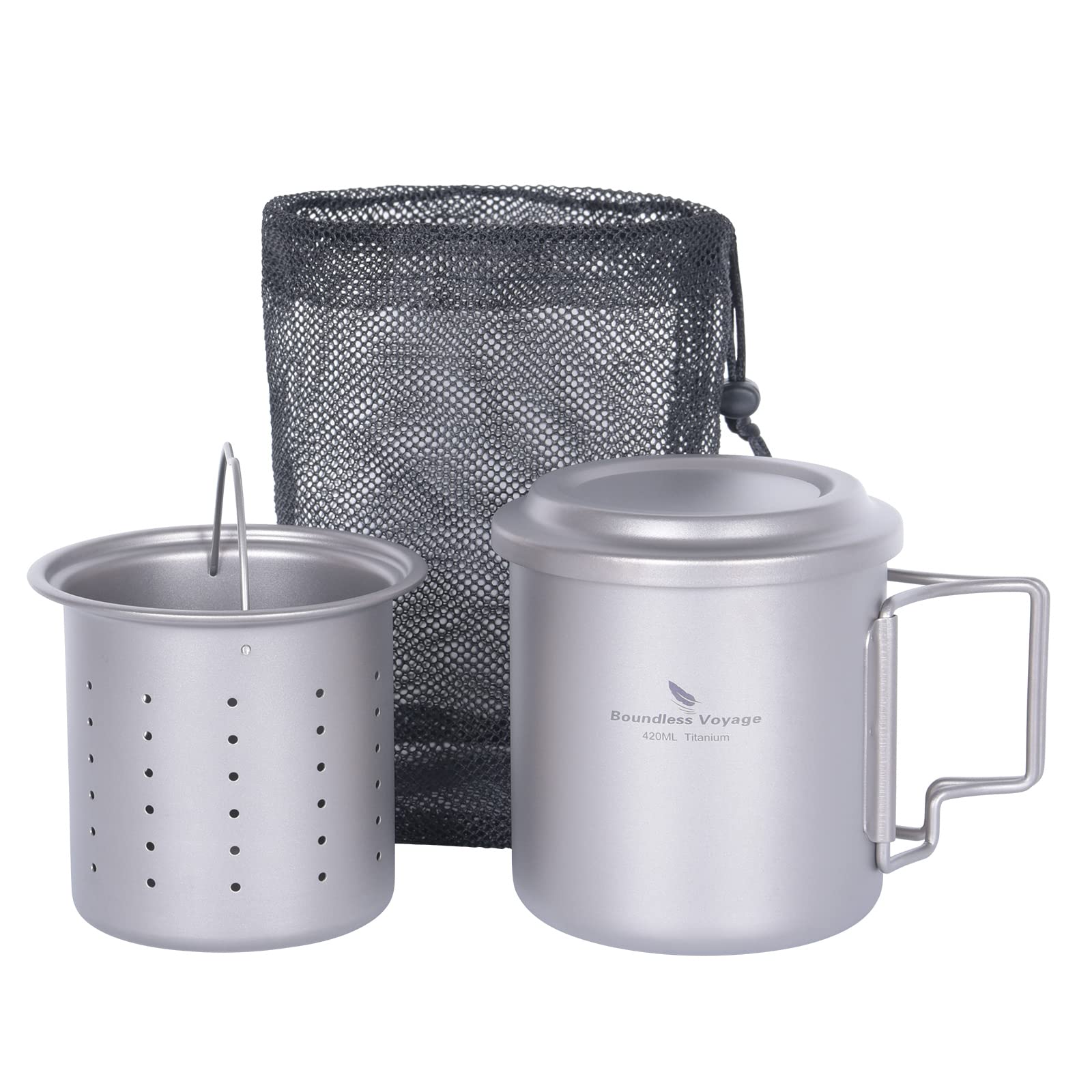 Boundless Voyage titanium cup 420ml overview, ideal for rugged camping.