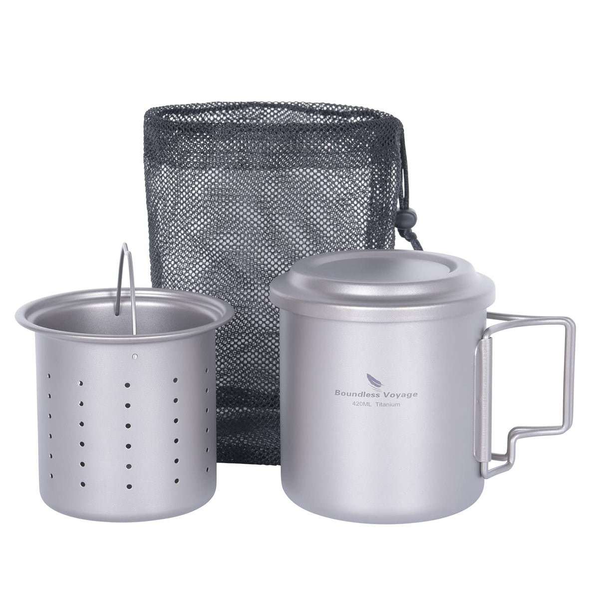 Boundless Voyage titanium cup 420ml overview, ideal for rugged camping.