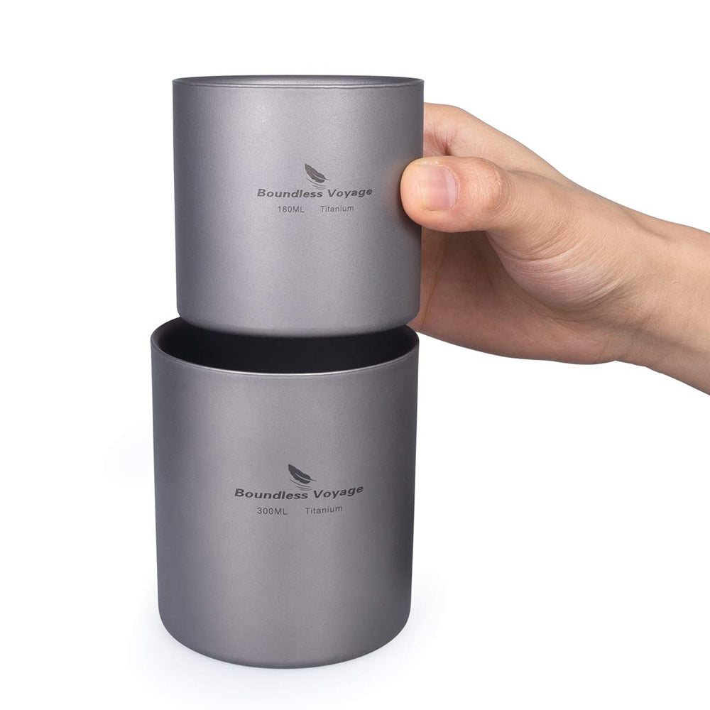 Boundless Voyage titanium cup camping setup with gear.