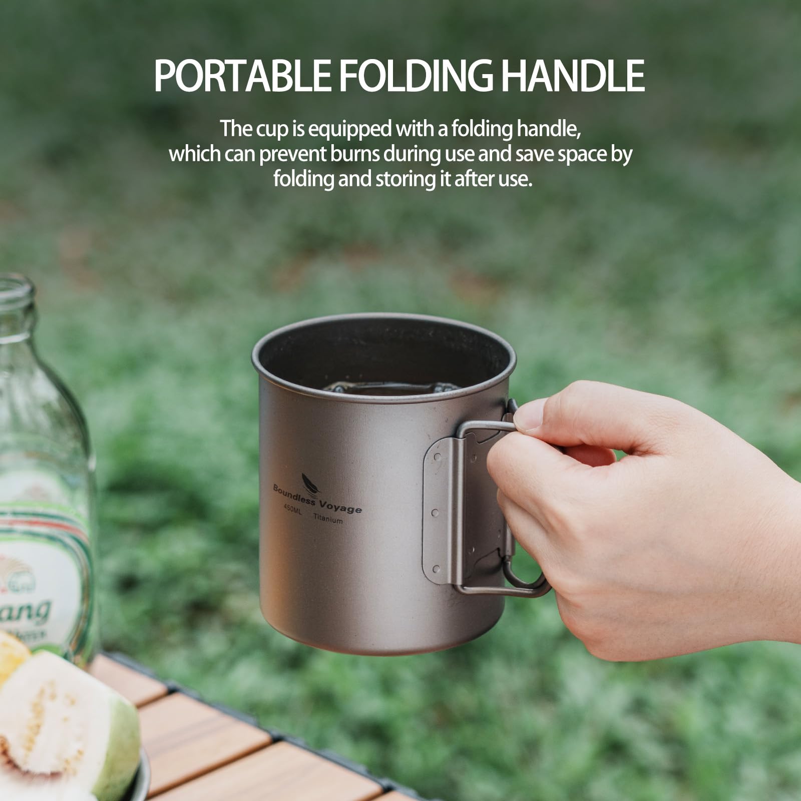 Boundless Voyage titanium cup with foldable handle saving pack space