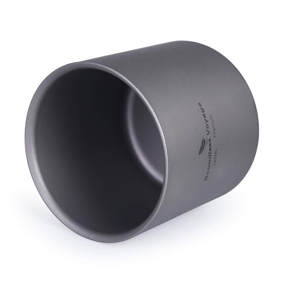 Boundless Voyage titanium cup with double-walled insulation reduces heat transfer.