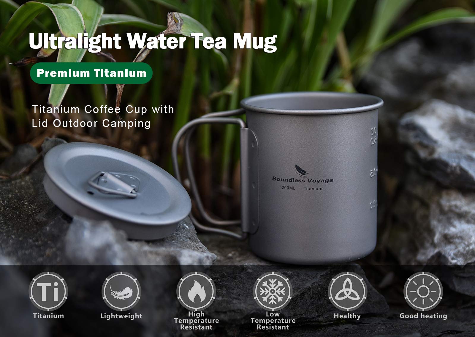 Boundless Voyage titanium cup with lid closed, leak-resistant travel design