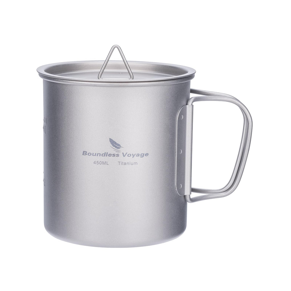 Boundless Voyage titanium cup with lid; secure lid prevents spills on hikes.