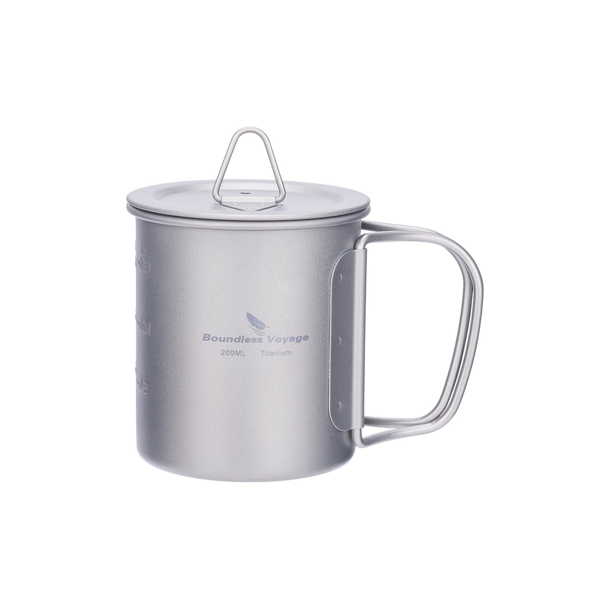 Boundless Voyage titanium cup with lid open, foldable handle for outdoor use