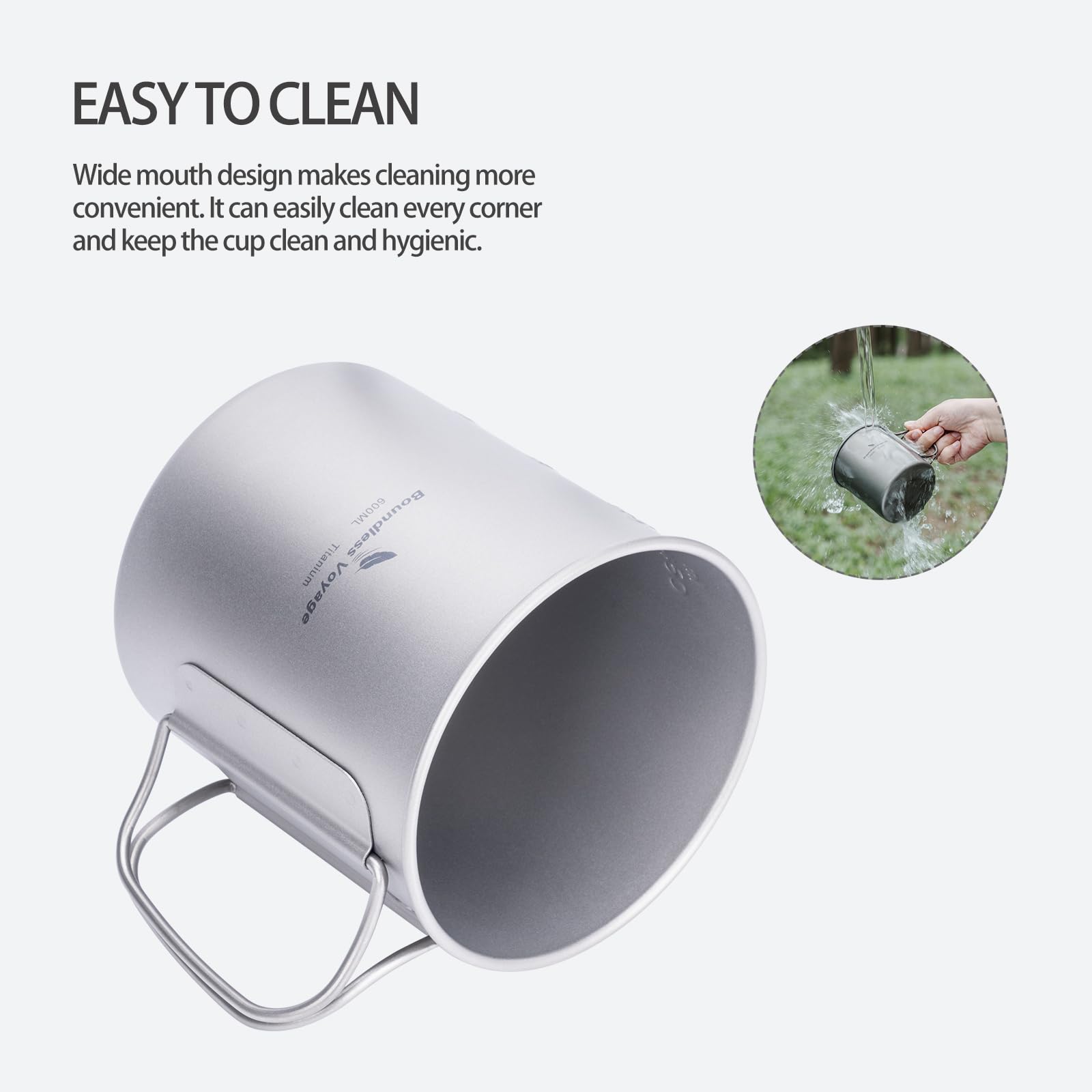 Boundless Voyage titanium cup no metal taste; preserves drink flavor outdoors.