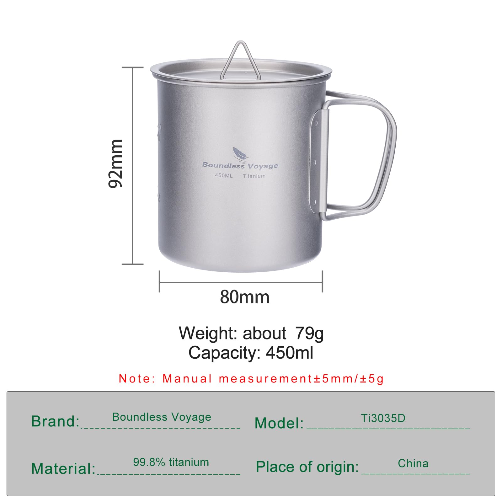 Boundless Voyage titanium cup ultralight 79g; easy carry on outdoor adventures.