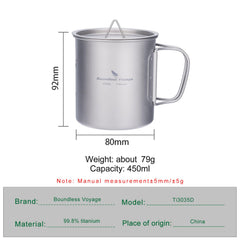 Boundless Voyage titanium cup ultralight 79g; easy carry on outdoor adventures.