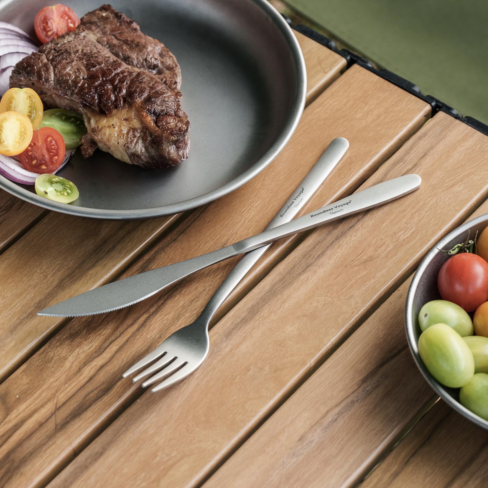 Boundless Voyage titanium cutlery set in hiking scenario