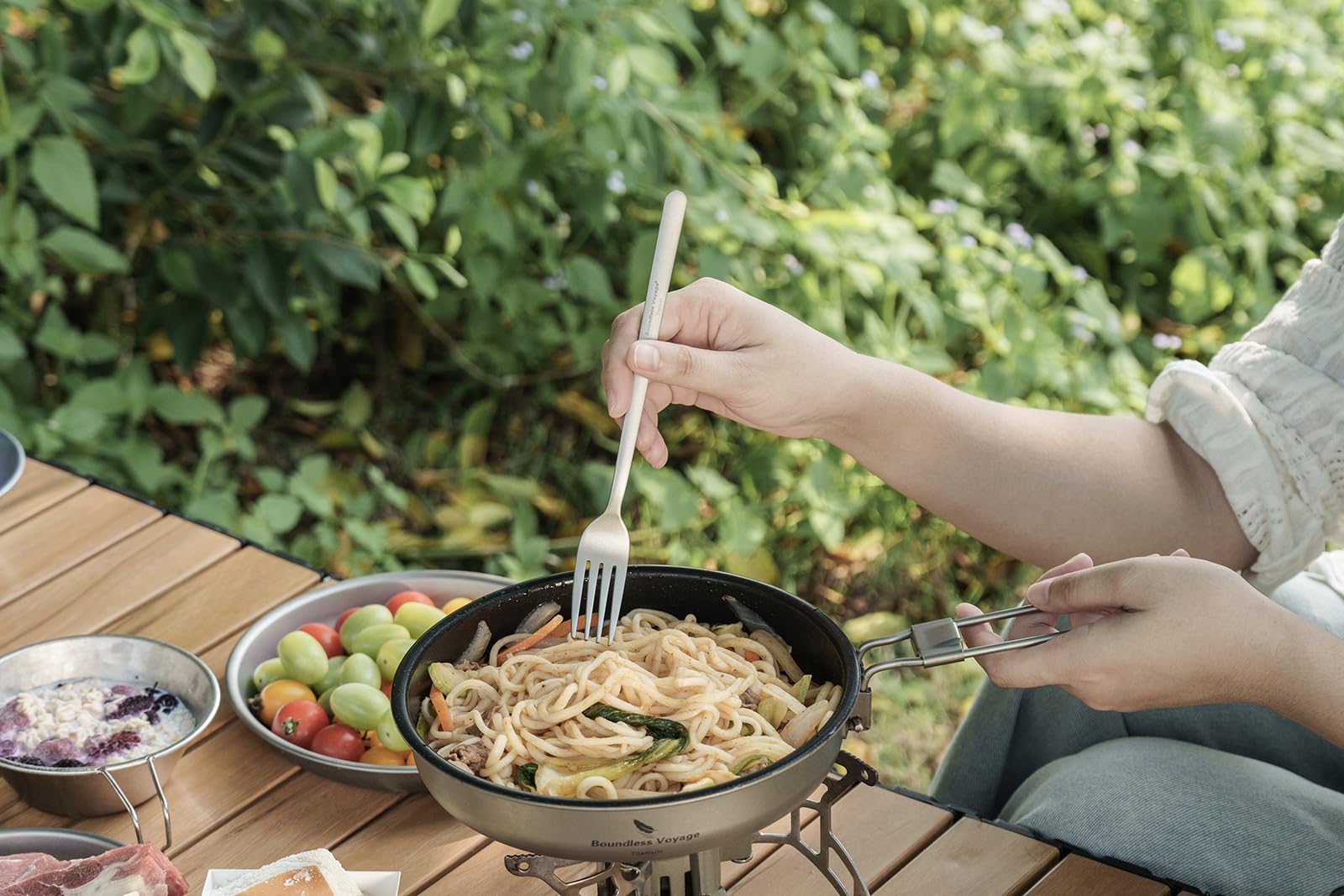 Boundless Voyage tent campsite setup with titanium cutlery set