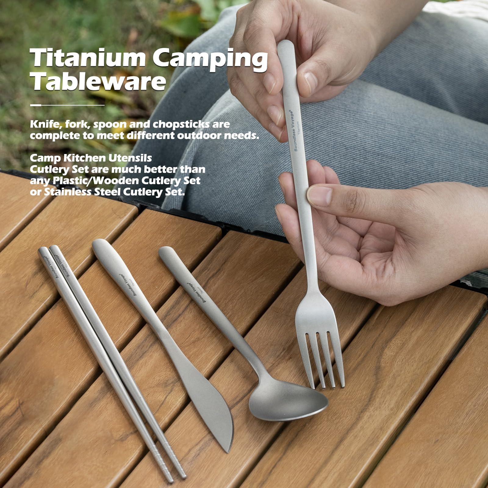 Boundless Voyage titanium cutlery fork ideal for outdoor meals on trips.