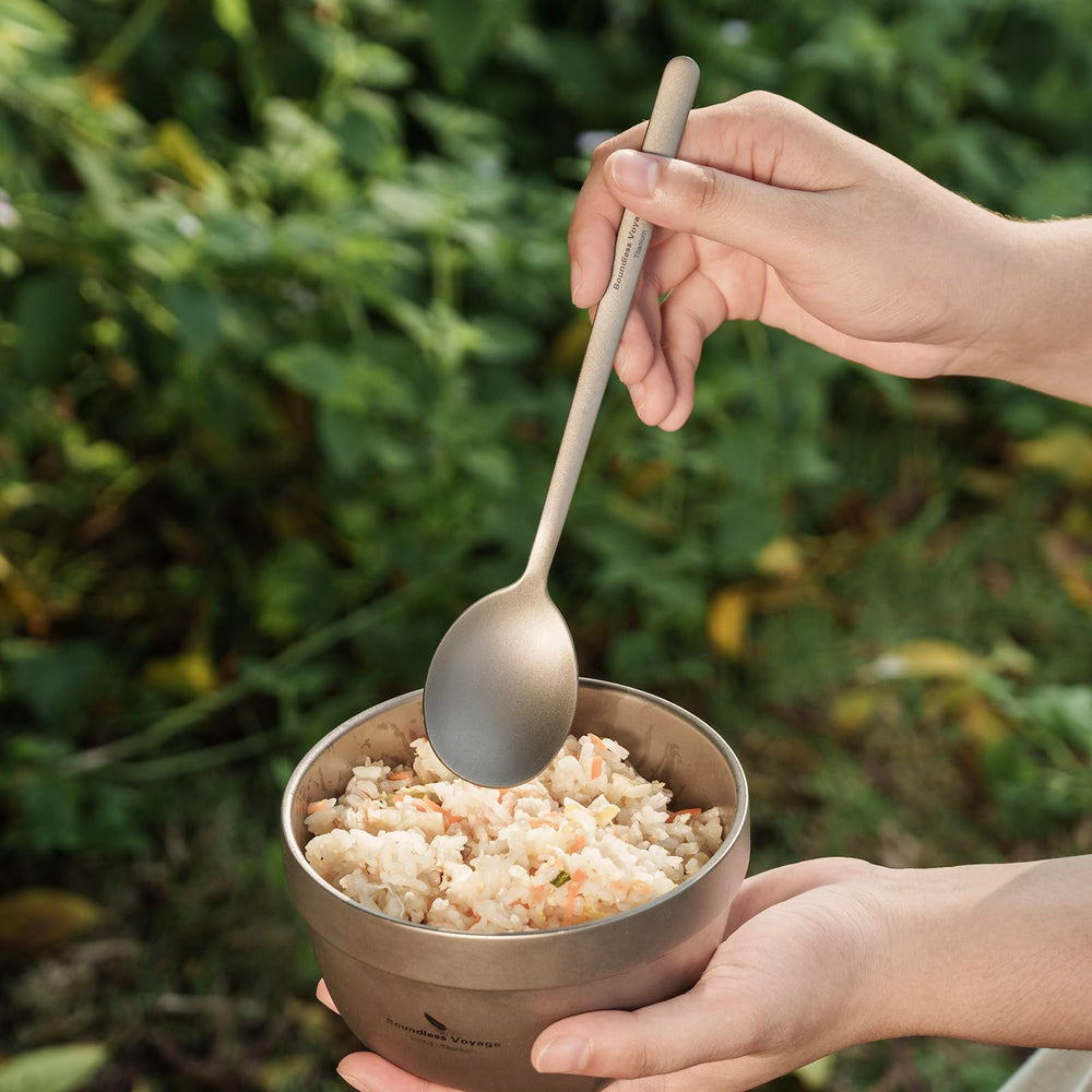 Boundless Voyage titanium cutlery surface close-up showing durable finish