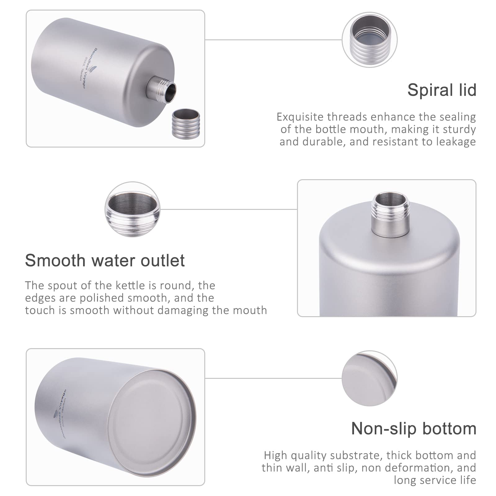 Boundless Voyage titanium flask round spout with smooth edge for easy sipping.