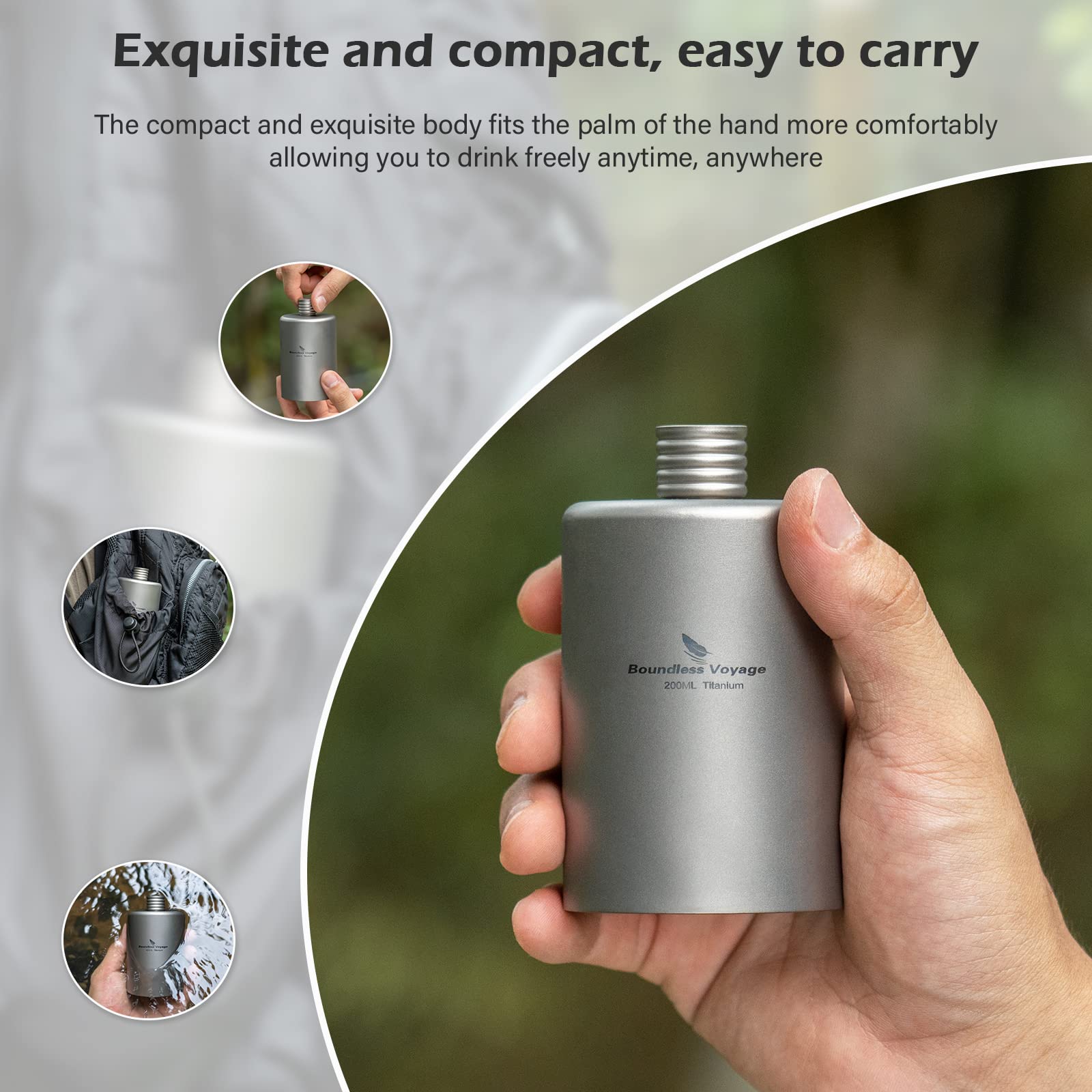 Boundless Voyage titanium flask sandblasted body enhances grip and wear resistance.