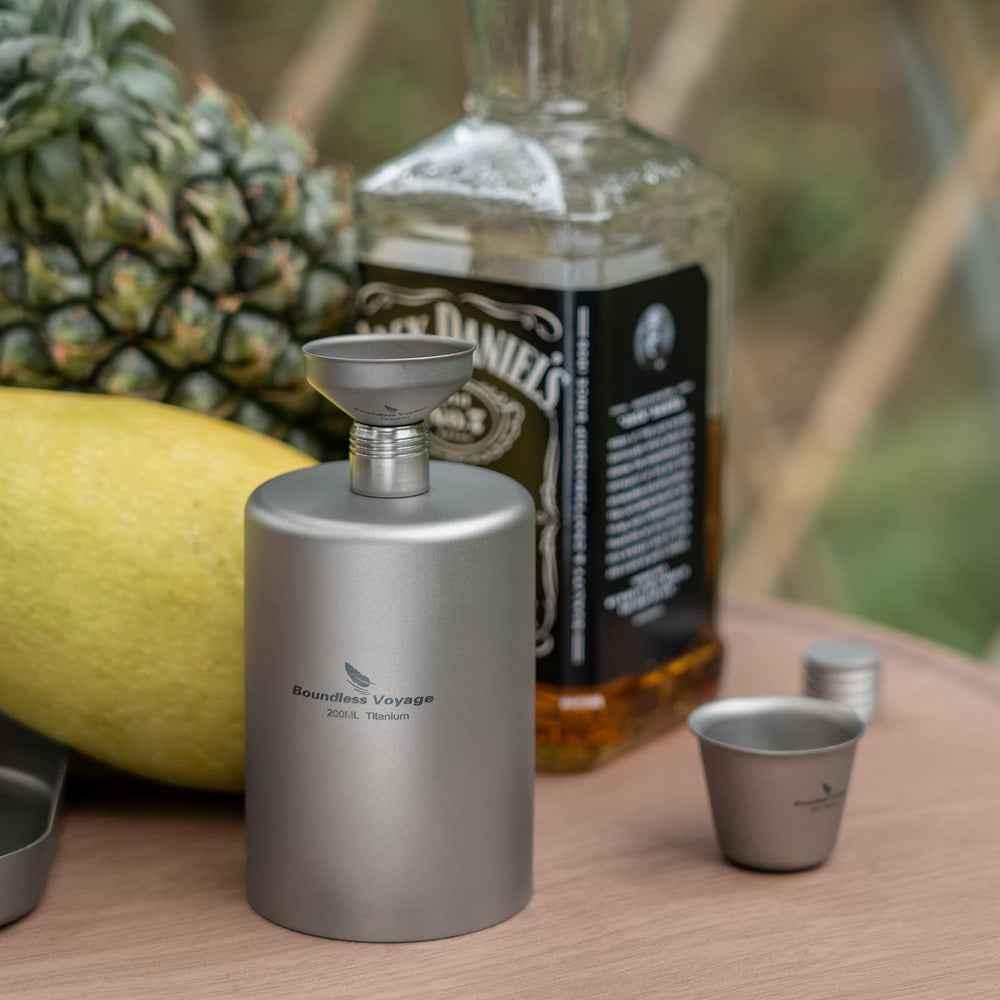 Boundless Voyage titanium flask ideal for weddings, trips, and camping.