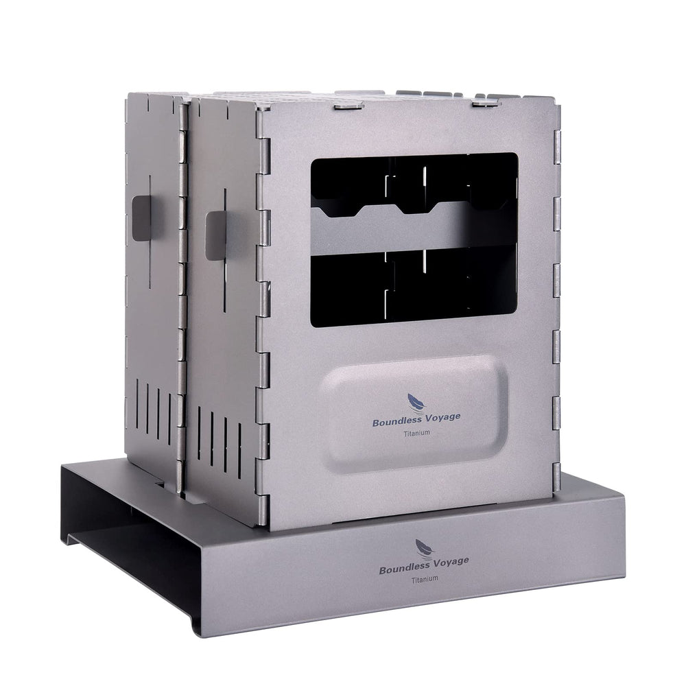 Boundless Voyage titanium folding stove closed, ideal for compact backpacking.