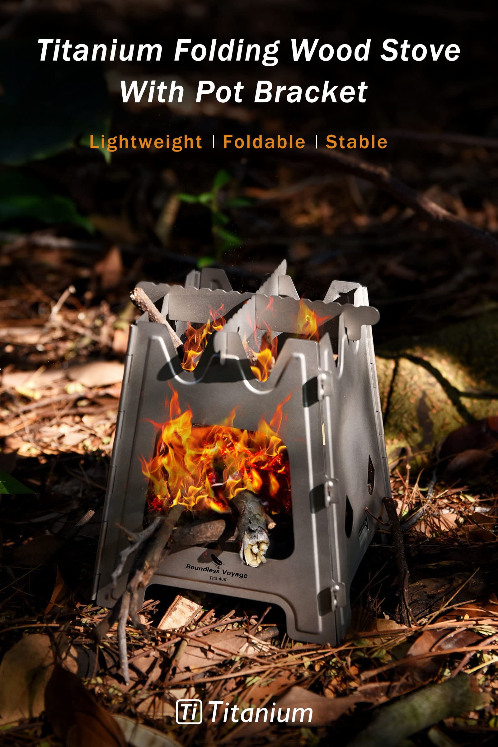 Boundless Voyage titanium folding stove folded for compact backpack packing.