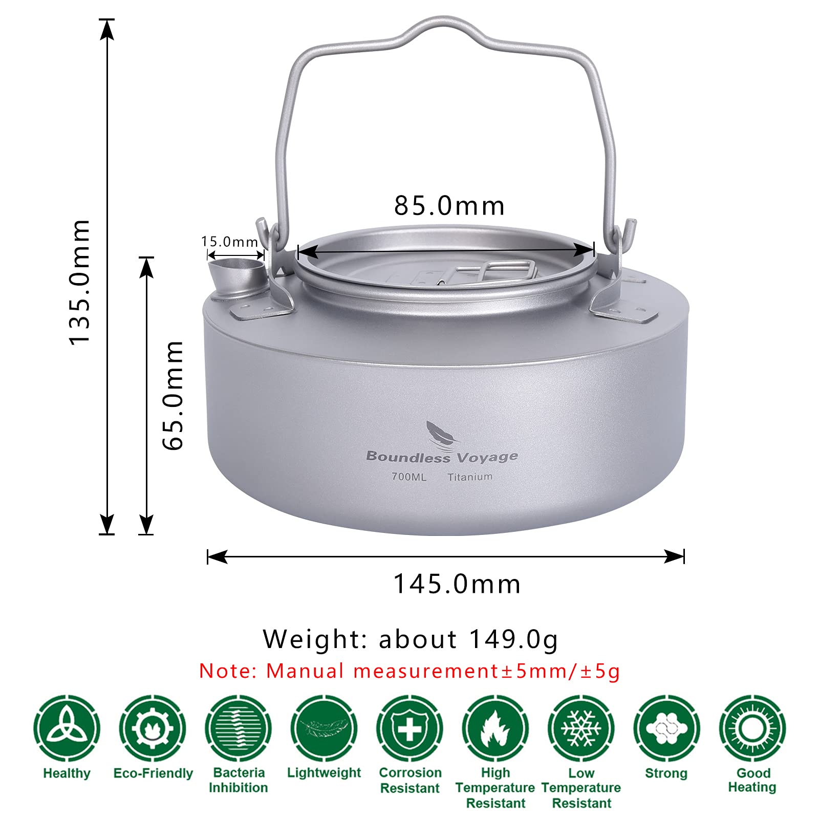 Boundless Voyage titanium kettle with 700ml capacity, ideal for solo coffee or tea.