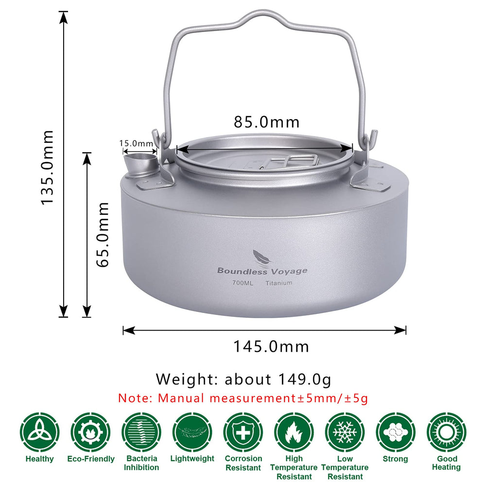 Boundless Voyage titanium kettle with 700ml capacity, ideal for solo coffee or tea.