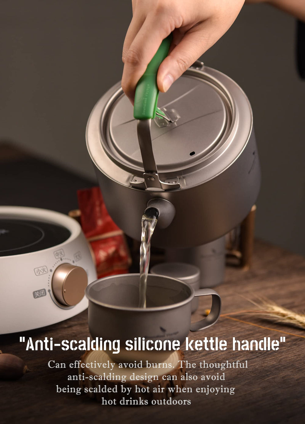 Boundless Voyage kettle shown beside backpack for portable travel-ready setup.